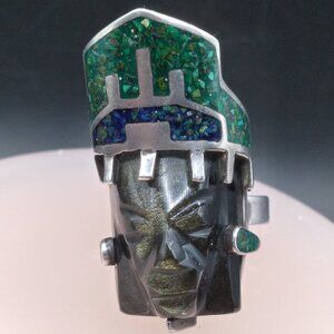 Vintage Sterling Silver Carved Tribal Onyx Mask crushed Malachite & Lapis Lazuli